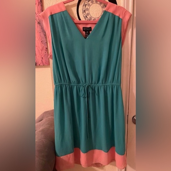 Enfocus Plus Size Womens spring sheer green/pink midi dress size 16 pre-owned - Picture 1 of 11